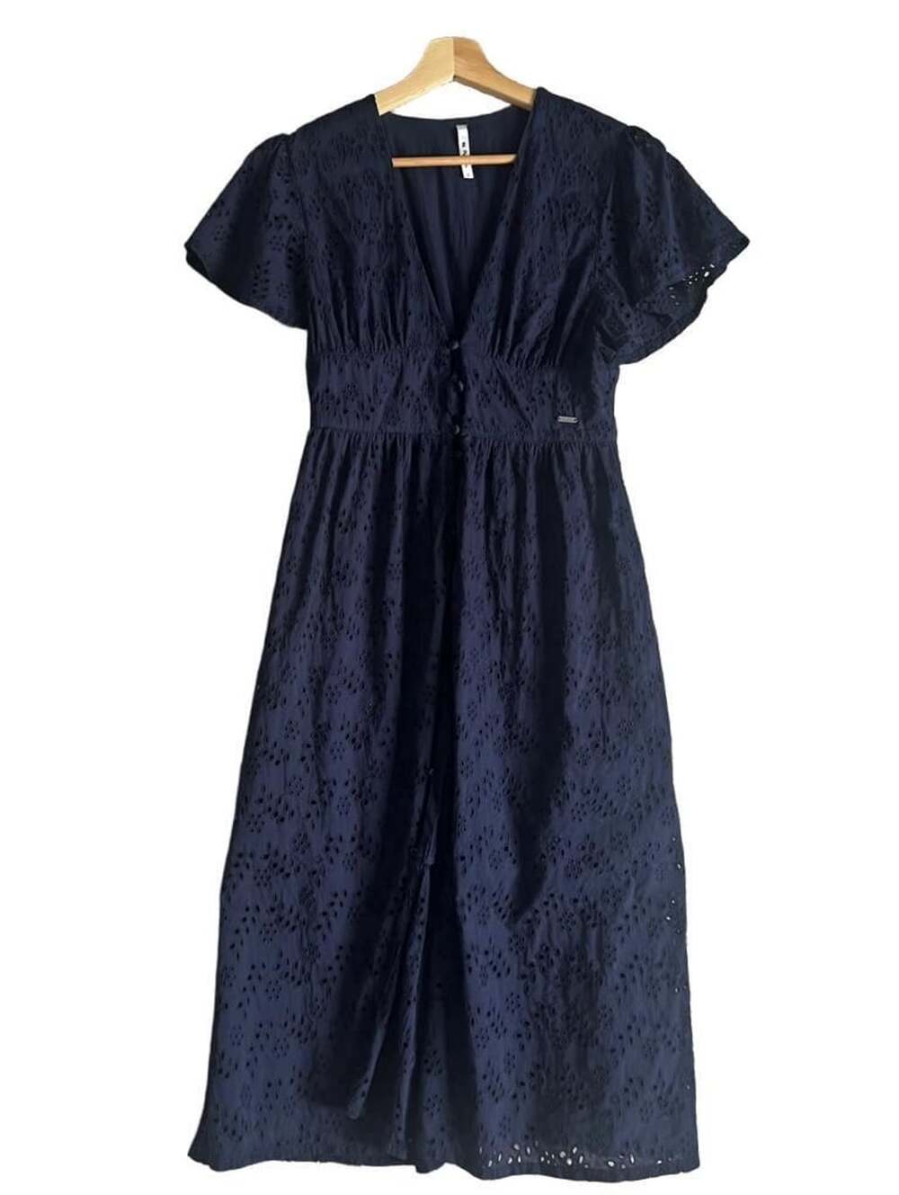 Pepe Jeans London Navy Blue Cotton Eyelet Embroidered Midi Dress, Size S